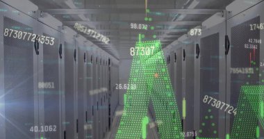 Bilgisayar sunucuları üzerinden finansal veri işleme resmi. Küresel finans, iş, bağlantılar, hesaplama ve veri işleme kavramı dijital olarak oluşturuldu.