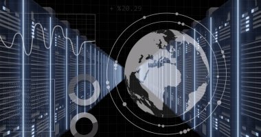 Daireler, grafikler, bilgisayar dili ve veri sunucusunun siyah arkaplan üzerindeki görüntüsü. Dijital olarak üretilmiş, hologram, küreselleşme, rapor, iş dünyası, veri merkezi, kodlama ve teknoloji.