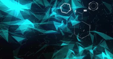 Siyah arkaplandaki şekillerin üzerindeki kimyasal formüllerin animasyonu. Teknoloji, bilim ve dijital arayüz kavramı dijital olarak oluşturulmuş video.