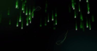 Siyah arkaplanda ikili kodlama ve şekillerin animasyonu. Teknoloji, iş ve dijital arayüz kavramı dijital olarak oluşturulmuş video.