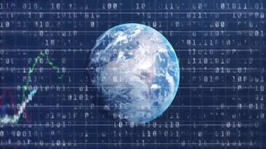 Finansal veri işleme animasyonu siyah arka planda dünya çapında. Küresel iş, finans, bilgisayar ve dijital arayüz kavramı dijital olarak oluşturulmuş video.