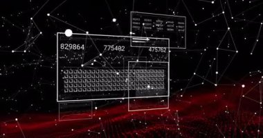Siyah arkaplandaki bağlantılar üzerinden dijital veri işleme animasyonu. Dijital olarak oluşturulmuş küresel bağlantılar, hesaplama ve veri işleme kavramı.