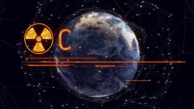 Uyarı metninin animasyonu ve tüm dünyada dijital veri işleme. Dijital olarak oluşturulmuş küresel bağlantılar, hesaplama ve veri işleme kavramı.