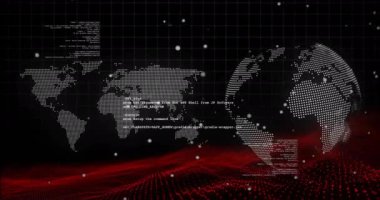 Dünya haritası üzerinde dijital veri işleme animasyonu ve siyah arkaplan üzerinde dünya. Dijital olarak oluşturulmuş küresel bağlantılar, hesaplama ve veri işleme kavramı.