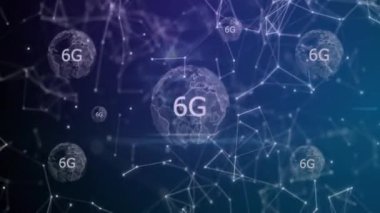 Siyah arkaplanda 6 G 'lik bir ağ üzerindeki kürelerin animasyonu. Küresel teknoloji, bağlantılar, hesaplama ve dijital arayüz kavramı dijital olarak oluşturulmuş video.