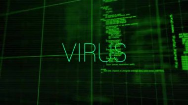 Veri işleme üzerinden virüs metninin animasyonu. Teknoloji, iş ve dijital arayüz kavramı dijital olarak oluşturulmuş video.