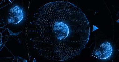 Siyah arkaplandaki bağlantı ağı üzerinden kürelerin animasyonu. Küresel teknoloji, bağlantılar, hesaplama ve dijital arayüz kavramı dijital olarak oluşturulmuş video.