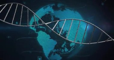 Dünya ve veri işleme üzerinde DNA iplikçiklerinin animasyonu. Teknoloji, bilim ve dijital arayüz kavramı dijital olarak oluşturulmuş video.