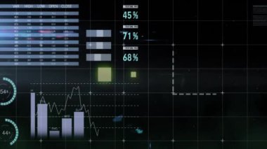Dünya haritası üzerinde veri işleme ve diyagramların animasyonu. Teknoloji, iş ve dijital arayüz kavramı dijital olarak oluşturulmuş video.