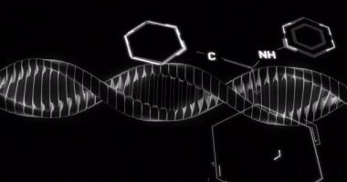 DNA ipliği üzerinde kimyasal formülün animasyonu. Teknoloji, bilim ve dijital arayüz kavramı dijital olarak oluşturulmuş video.
