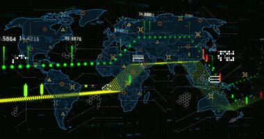 Dünya haritası üzerinde finansal veri işleme resmi. Küresel iş, finans, hesaplama, veri işleme ve dijital olarak oluşturulmuş görüntü konsepti.