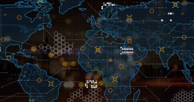 Birbirine bağlı noktalar, altıgen desenler, caddede hareket eden odaksız araçların haritası. Dijital bileşik, çoklu pozlama, küresel, iletişim, şehir, ulaşım ve teknoloji kavramı.