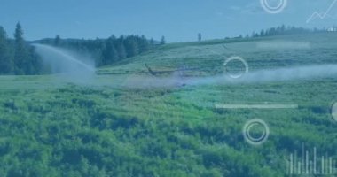 Plantasyonun üzerinde şema ve veri işleme animasyonları. Teknoloji, tarım ve dijital arayüz kavramı dijital olarak oluşturulmuş video.