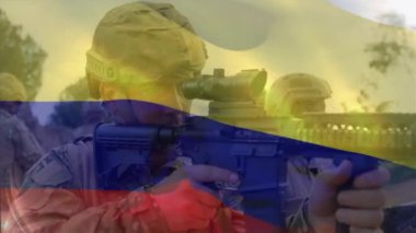 Çeşitli askerler üzerinde Kolombiya bayrağının canlandırılması. Vatanseverlik, silahlı kuvvetler, savunma ve savaş konsepti dijital olarak oluşturulmuş video.