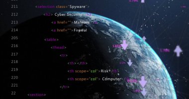 Dünya üzerinde bilgisayar veri işleme görüntüsü. Küresel hesaplama, dijital arayüz ve veri işleme kavramı dijital olarak oluşturuldu.