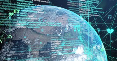 Dünya üzerinde ekolojik simgeler ve veri işleme imgeleri. Küresel hesaplama, dijital arayüz ve veri işleme kavramı dijital olarak oluşturuldu.