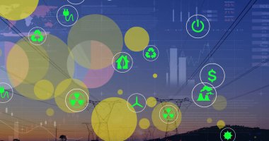 Veri işleme üzerine ekoloji simgelerinin resmi. Küresel iş ve dijital arayüz kavramı dijital olarak oluşturulmuş görüntü.