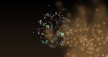 Siyah arkaplana karşı dijital simgelerin dünya üzerinde yüzdüğü parlayan noktalar. Küresel ağ ve iş teknolojisi kavramı