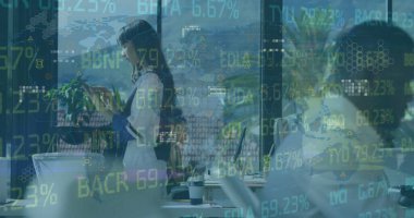 Image of financial data processing over business people. Global business, finance, computing and data processing concept digitally generated image.