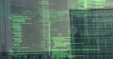 Şehir merkezinde bilgisayar sunucularıyla finansal veri işleme resmi. Küresel iş, finans, bilgisayar ve veri işleme kavramı dijital olarak oluşturulmuş görüntü.