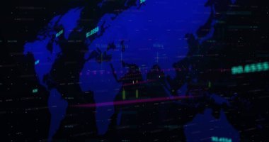 Dünya haritası üzerinde finansal veri işleme resmi. Küresel iş, finans, hesaplama, veri işleme ve dijital olarak oluşturulmuş görüntü konsepti.