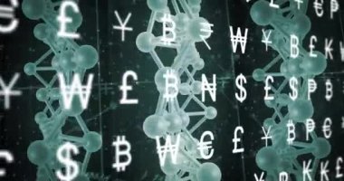 Para birimi sembolleri üzerinde veri işleme ve DNA iplikçiklerinin animasyonu. Teknoloji, iş ve dijital arayüz kavramı dijital olarak oluşturulmuş video.