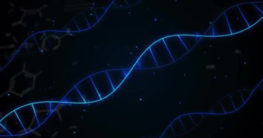 Kimyasal formülün üzerindeki DNA iplikçiklerinin canlandırılması. Teknoloji, bilim ve dijital arayüz kavramı dijital olarak oluşturulmuş video.