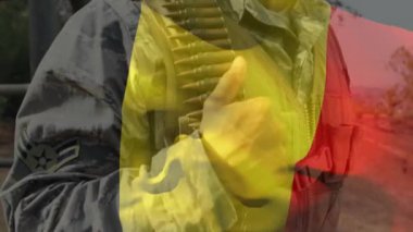 Çeşitli askerler üzerinde Belçika bayrağının canlandırılması. Vatanseverlik, silahlı kuvvetler, savunma ve savaş konsepti dijital olarak oluşturulmuş video.