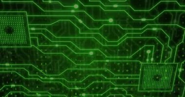 Siyah arkaplanda ikili kodlama ve bağlantı ağının animasyonu. Teknoloji ve dijital arayüz kavramı dijital olarak oluşturuldu.