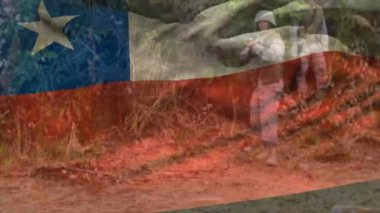 Çeşitli askerler üzerinde Şili bayrağının canlandırılması. Vatanseverlik, silahlı kuvvetler, savunma ve savaş konsepti dijital olarak oluşturulmuş video.