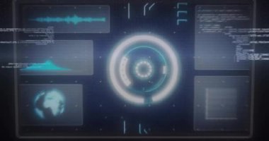 Siyah arkaplan üzerinde şema ve veri işleme animasyonları. Teknoloji, iş ve dijital arayüz kavramı dijital olarak oluşturulmuş video.