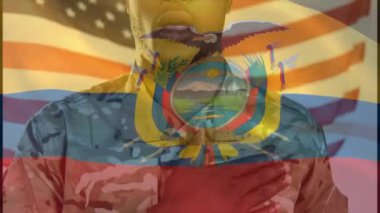 Çeşitli askerler üzerinde ekvador bayrağının canlandırılması. Vatanseverlik, silahlı kuvvetler, savunma ve savaş konsepti dijital olarak oluşturulmuş video.