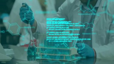 Laboratuvarda çalışan beyaz bilim adamları üzerinde veri işleme ve kimyasal formüllerin animasyonu. Teknoloji, bilim ve dijital arayüz kavramı dijital olarak oluşturulmuş video.