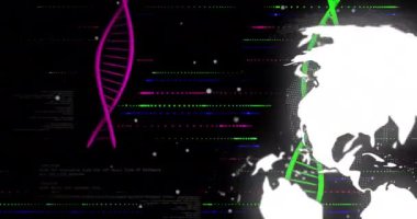 Siyah arka planda DNA iplikçiklerinin ve kürenin animasyonu. Teknoloji, bilim ve dijital arayüz kavramı dijital olarak oluşturulmuş video.