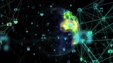 Siyah arkaplanda dünya üzerindeki simgelerle bağlantı ağının animasyonu. Teknoloji ve dijital arayüz kavramı dijital olarak oluşturuldu.