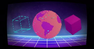 Siyah arka planda hareket eden karelerin ve kürenin animasyonu. Teknoloji, sosyal medya ve dijital arayüz konsepti dijital olarak oluşturulmuş video.