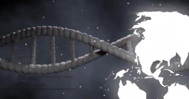 Siyah arka planda DNA iplikçiklerinin ve kürenin animasyonu. Teknoloji, bilim ve dijital arayüz kavramı dijital olarak oluşturulmuş video.