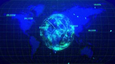 Veri işlemenin animasyonu ve dünya haritası üzerinde kara arkaplan. Teknoloji, iş ve dijital arayüz kavramı dijital olarak oluşturulmuş video.