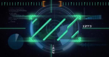 Karanlık arka planda dijital veri işleme ve tarama animasyonları. Dijital olarak oluşturulmuş küresel bağlantılar, hesaplama ve veri işleme kavramı.