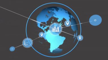 Dünya üzerindeki simgelerle bağlantı ağının animasyonu. Teknoloji, iş ve dijital arayüz kavramı dijital olarak oluşturulmuş video.