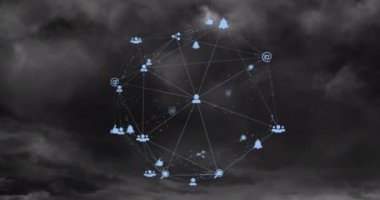 Fırtına sırasında simgelerle olan bağlantı ağının animasyonu. Teknoloji, sosyal medya ve dijital arayüz konsepti dijital olarak oluşturulmuş video.