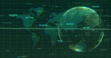 Dünya haritasında veri işleme ve küre animasyonu. Teknoloji ve dijital arayüz kavramı dijital olarak oluşturuldu.