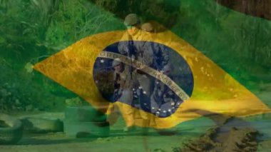 Çeşitli askerlerin üzerinde Brezilya bayrağı animasyonu. Vatanseverlik, silahlı kuvvetler, savunma ve savaş konsepti dijital olarak oluşturulmuş video.