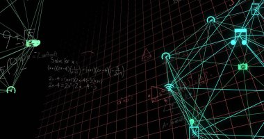 Medya simgeleri üzerinde matematiksel denklemlerin resmi. Küresel iş ve dijital arayüz kavramı dijital olarak oluşturulmuş görüntü.