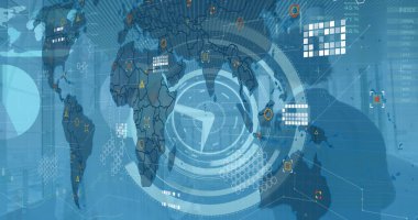 Mavi zemin üzerinde dijital arayüz ve veri işleme görüntüsü. Dijital olarak oluşturulmuş küresel veri işleme kavramı.