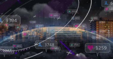 Sosyal medya simgeleri ve medya simgeleriyle bağlantı ağının resmi. Küresel iş ve dijital arayüz kavramı dijital olarak oluşturulmuş görüntü.