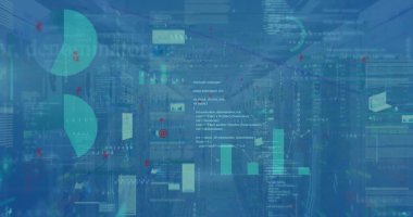 Mavi arkaplan üzerinde dijital arayüz ve veri işleme resmi. Dijital olarak oluşturulmuş küresel veri işleme kavramı.