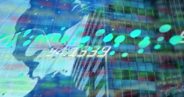 Binalar ve dünya haritası üzerindeki finansal verilerin resmi. Küresel finans, ekonomi, veri işleme, ağ ve teknoloji konsepti dijital olarak oluşturulmuş görüntü.