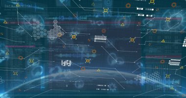 Karanlık arkaplan üzerinde dijital arayüz ve veri işleme resmi. Dijital olarak oluşturulmuş küresel veri işleme kavramı.