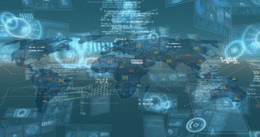 Mavi zemin üzerinde dijital arayüz ve veri işleme görüntüsü. Dijital olarak oluşturulmuş küresel veri işleme kavramı.